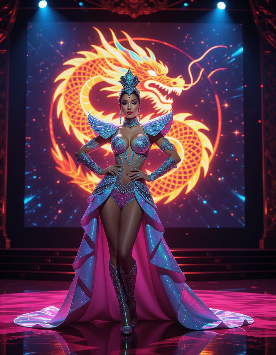 Futuristic Showgirl on Stage with Celestial Dragon