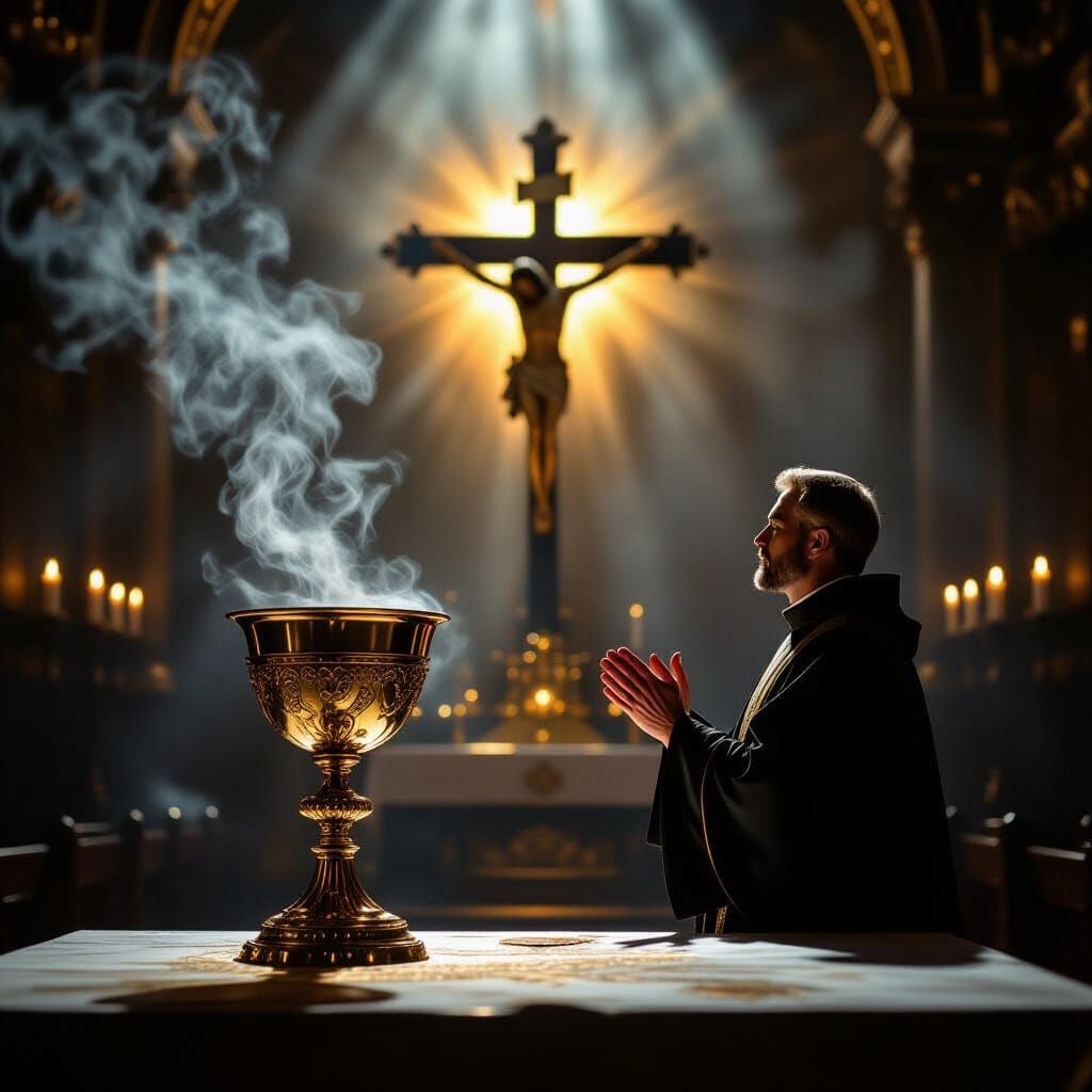 Sacred Chalice and Crucifix in Heavenly Light