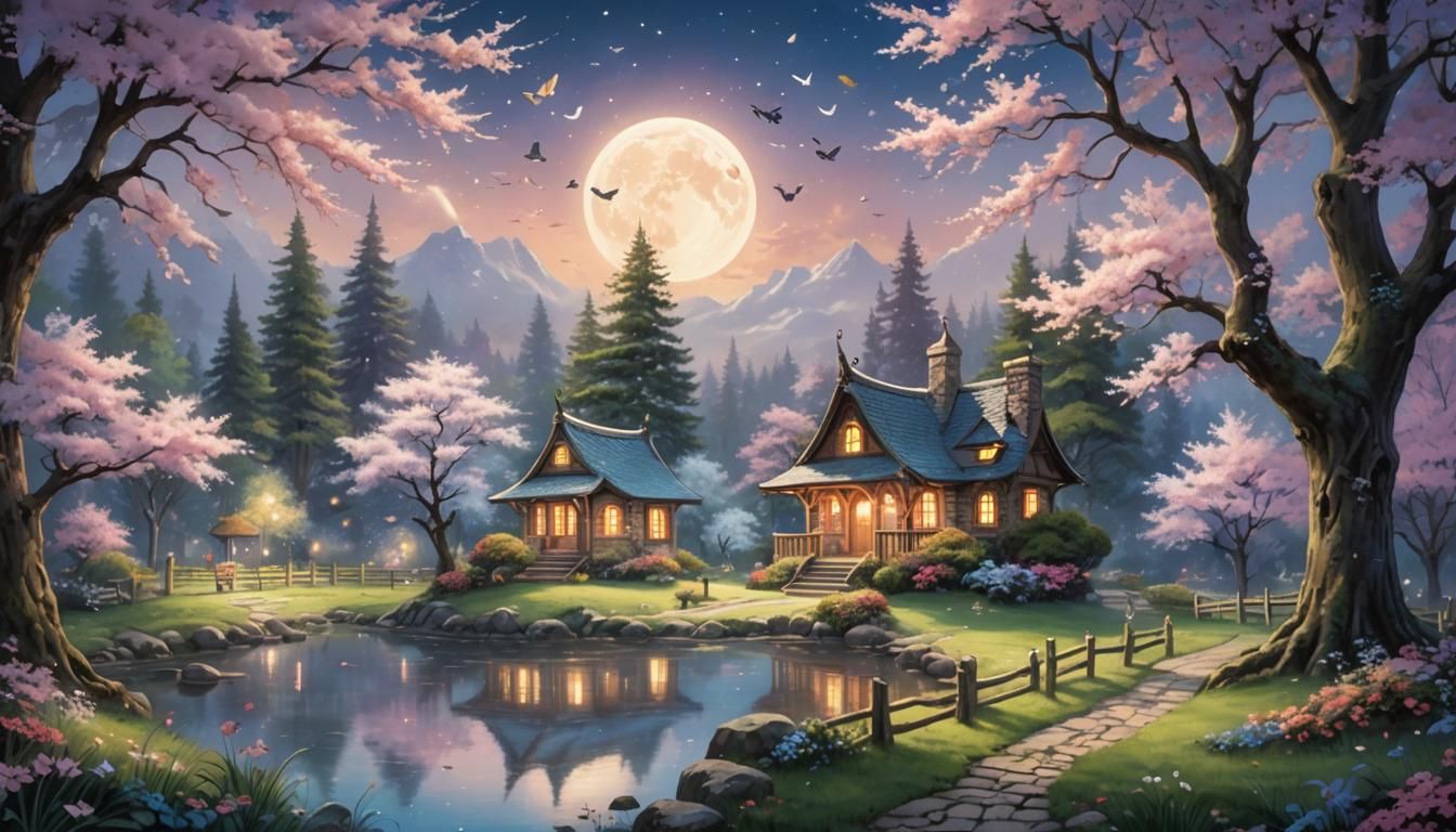 Anime Fairy House in Butterfly Forest at Night