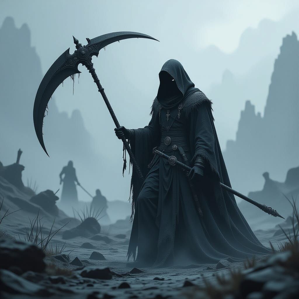 Gothic Shadow Elf Wielding Scythe in Desolate Landscape