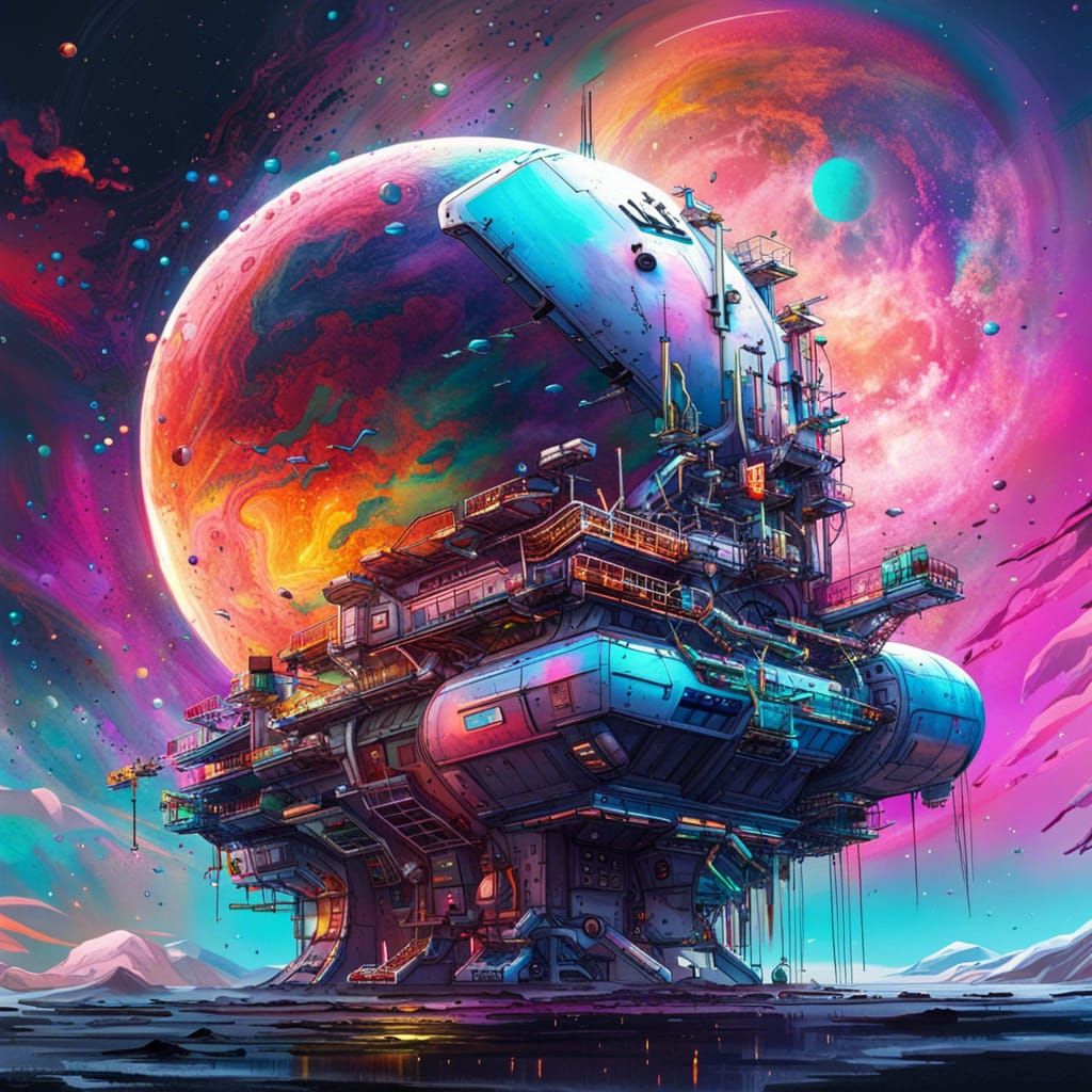 Futuristic Space Station Orbiting Jupiter: Graffiti Art