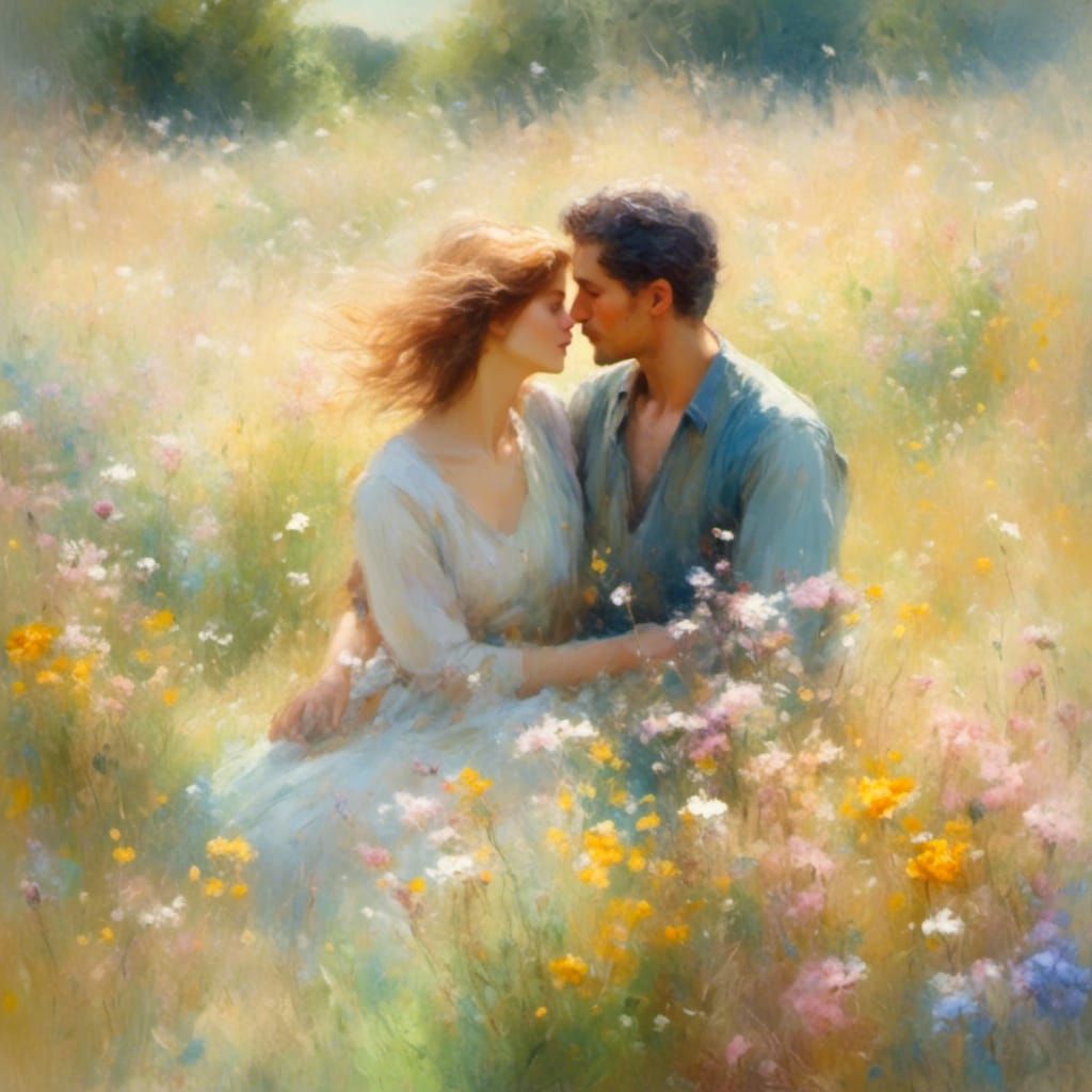 Romantic Kiss in Flower Field: Impressionistic Digital Oil