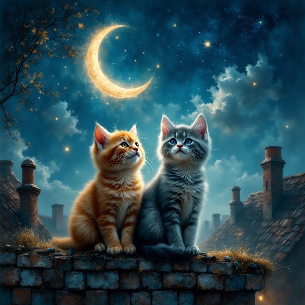 Kittens Watch Moonfish in Enchanted Night Sky