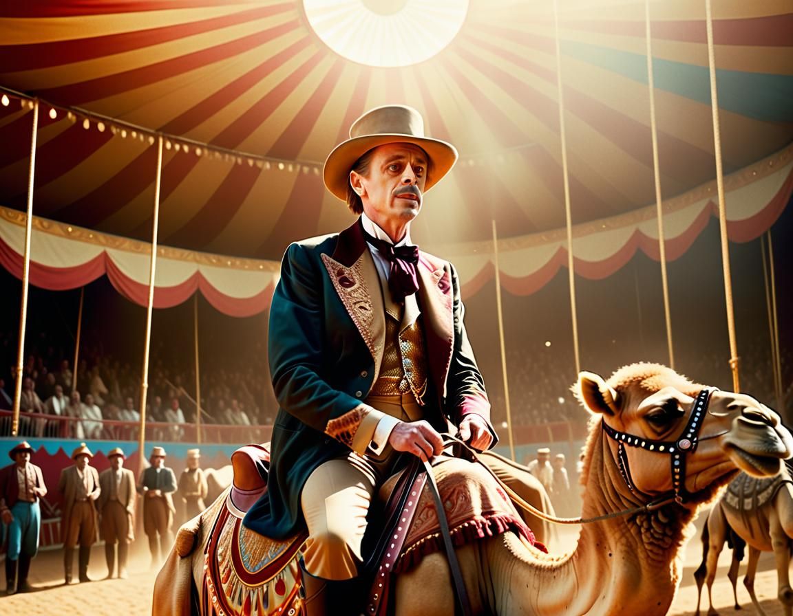 Medium shot. Young Steve buscemi, age 40, riding a camel at the circus