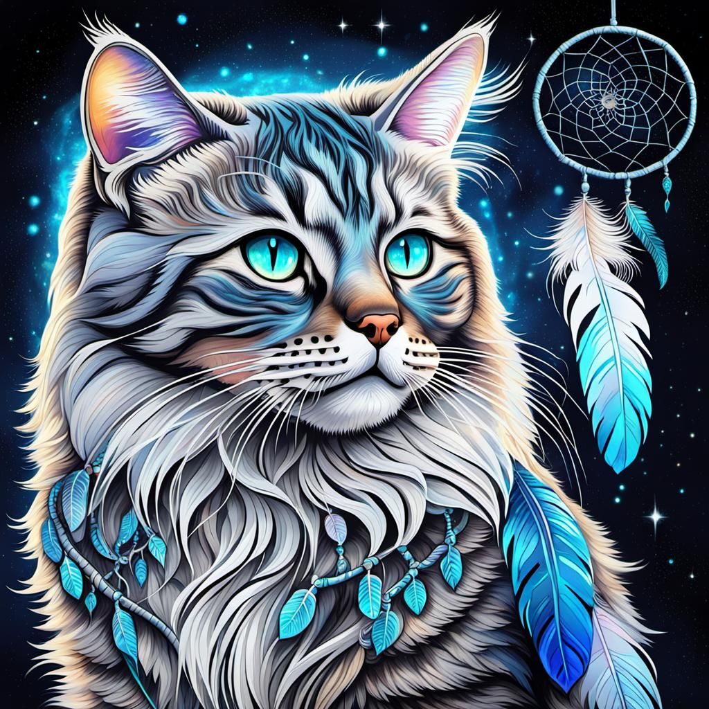 Astral Tabby Cat Dreamcatcher in Mixed Media Style