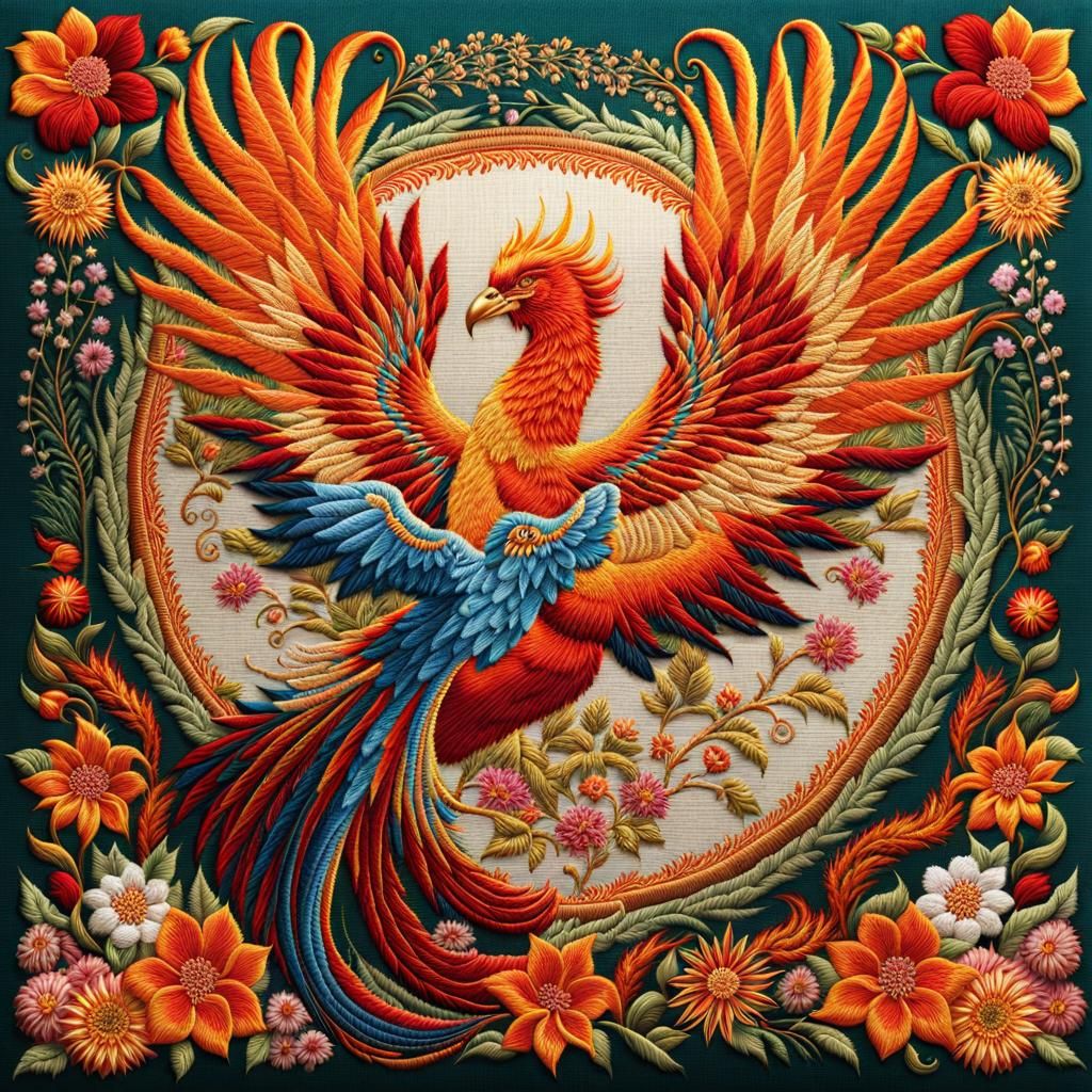 Fiery Phoenix and Floral Embroidery Artwork
