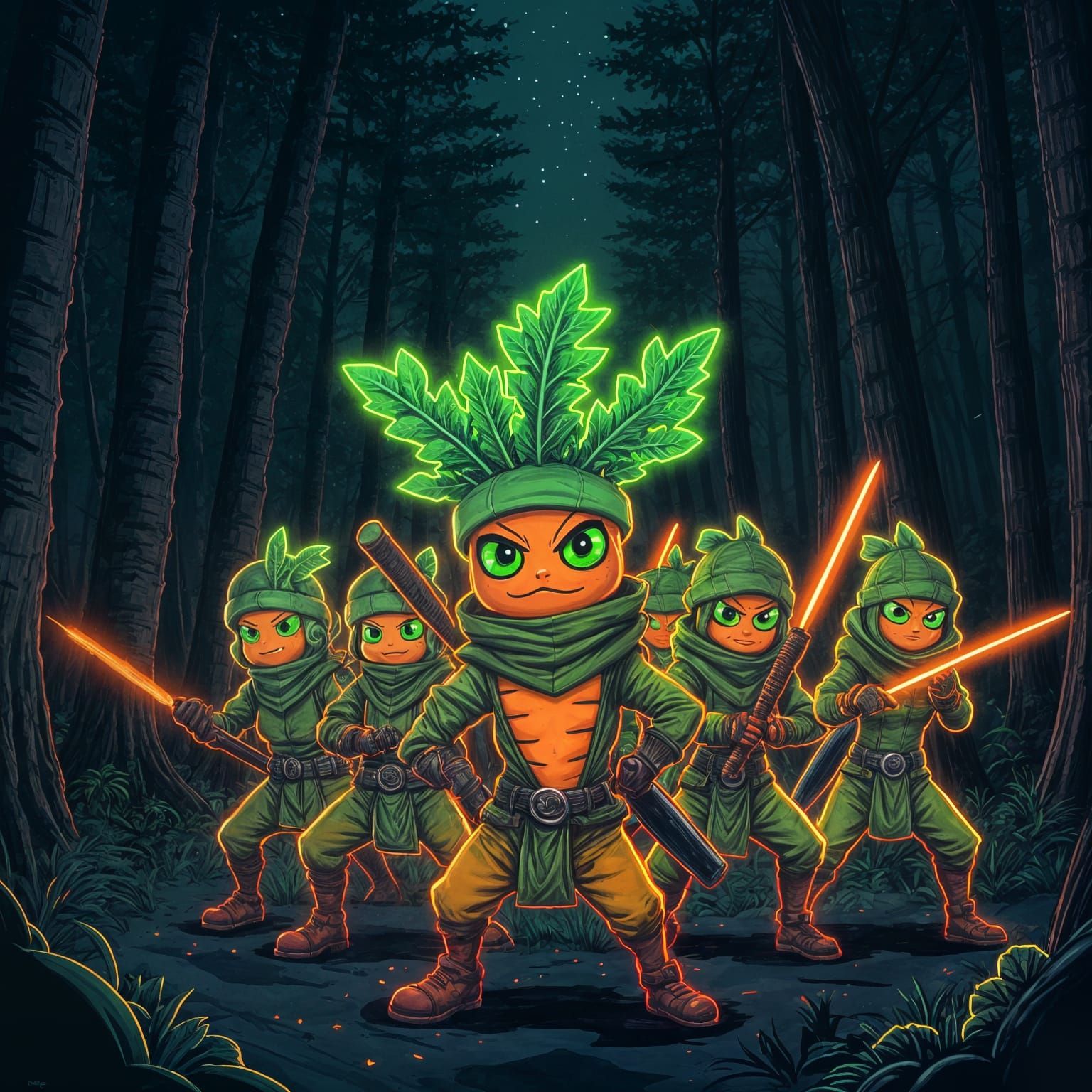 Neon Carrot Ninja Squad Protects Garden, Synthwave Style