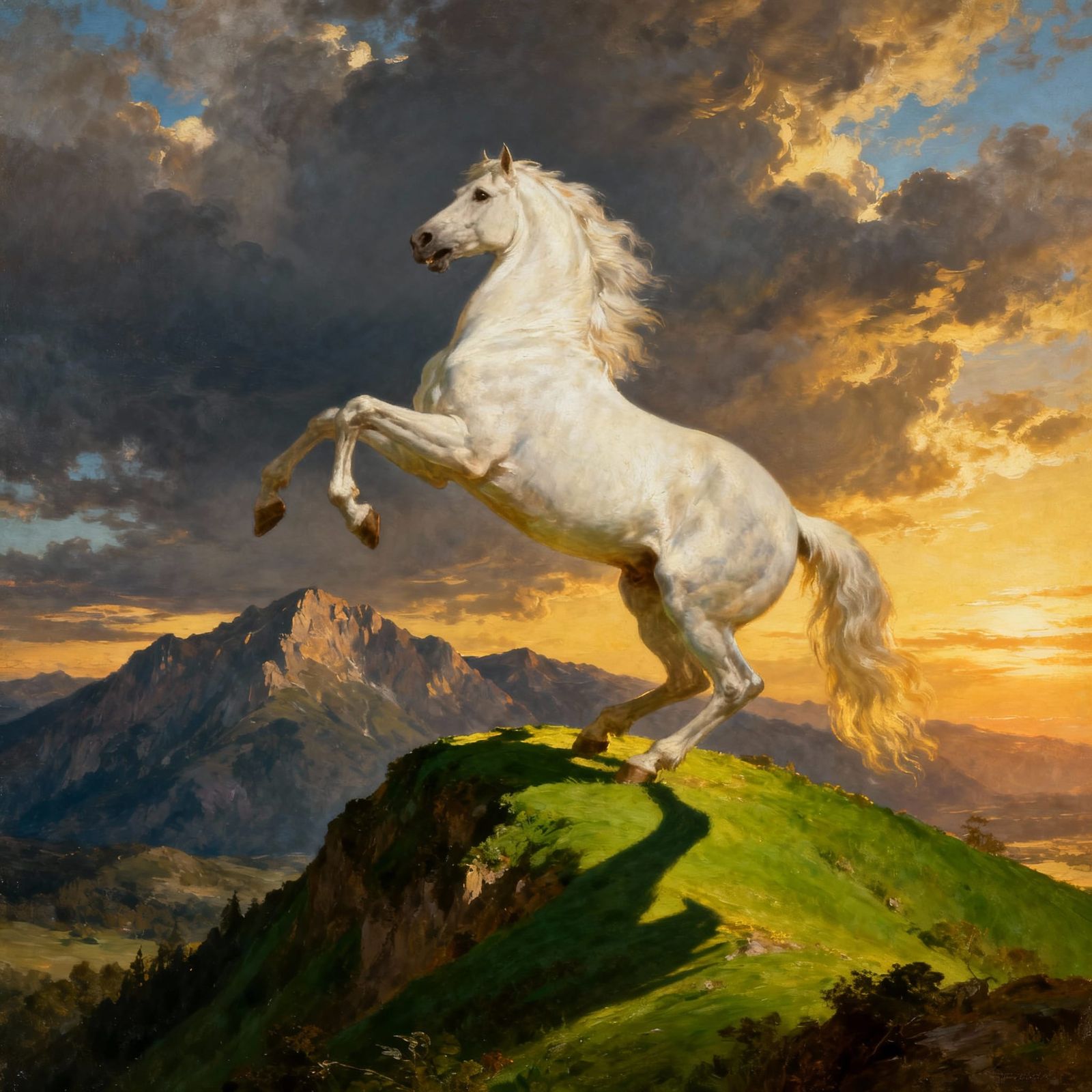Heroic White Horse on Green Ridge