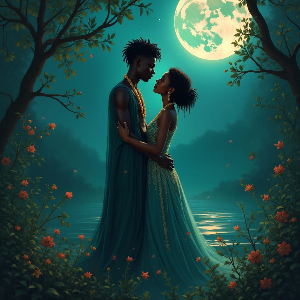 Young African Couple Under a Radiant Moonlit Sky