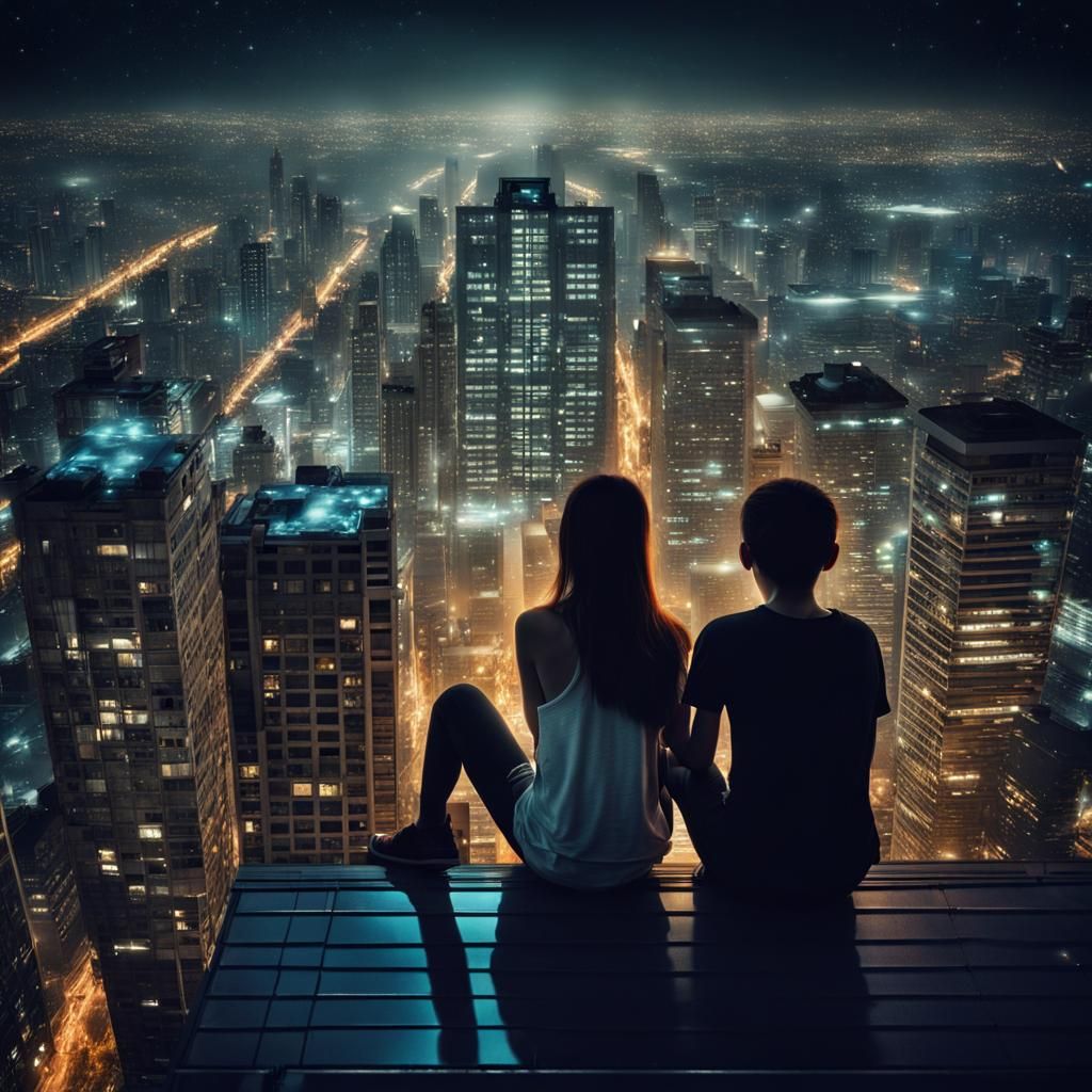 Night Rooftop Scene of City Skyline