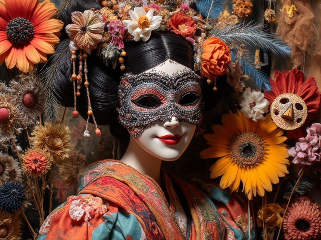 Geisha with Iridescent Carnival Mask and Floral Arrangement