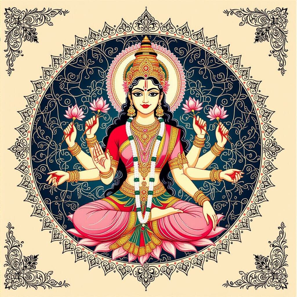 Goddess Lakshmi in Intricate Fractal Garden Scrapbook Style