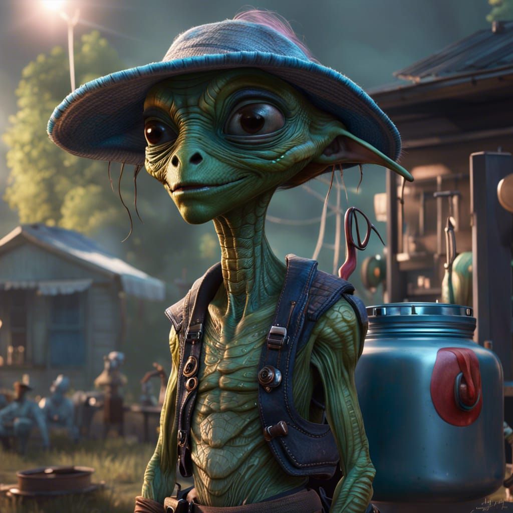 Alien Hillbilly in Trailer Park: 3D Digital Art