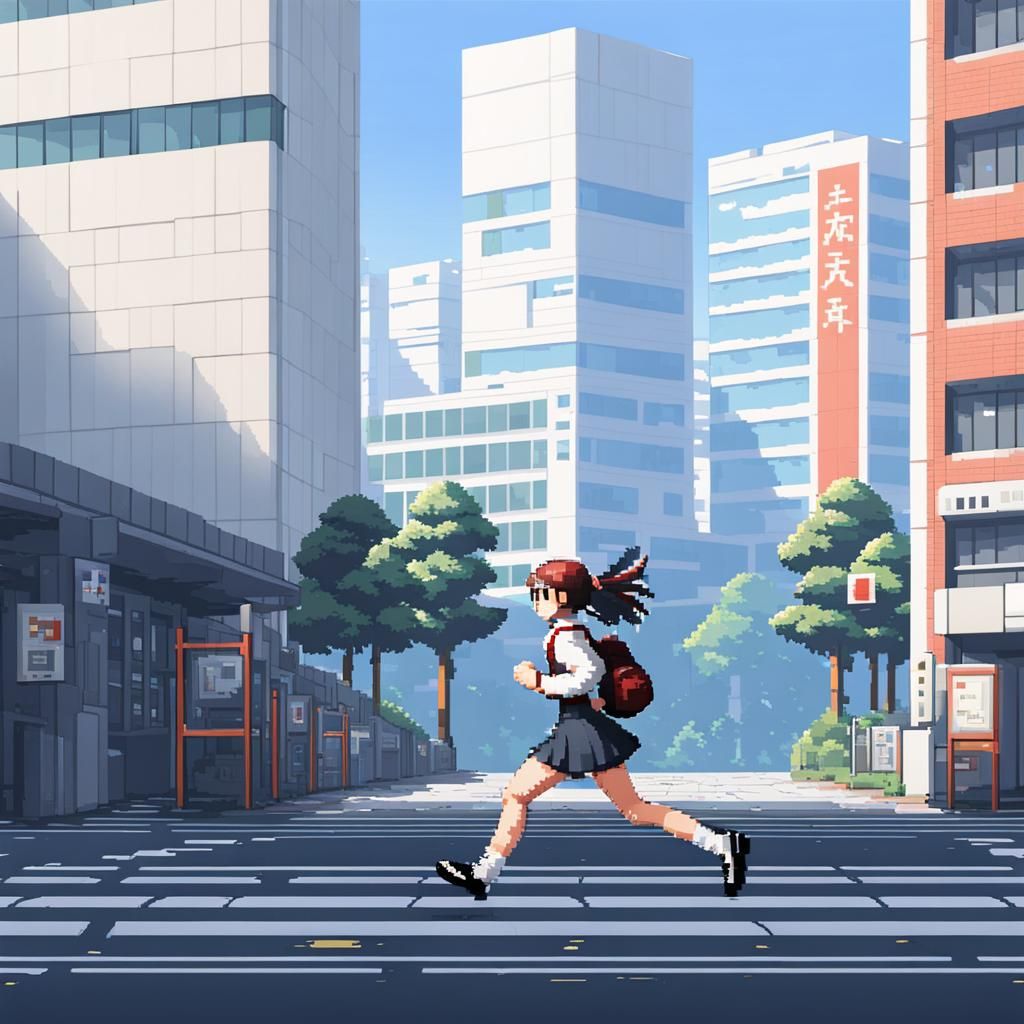 Pixel Art: Schoolgirl Running into Tokyo School