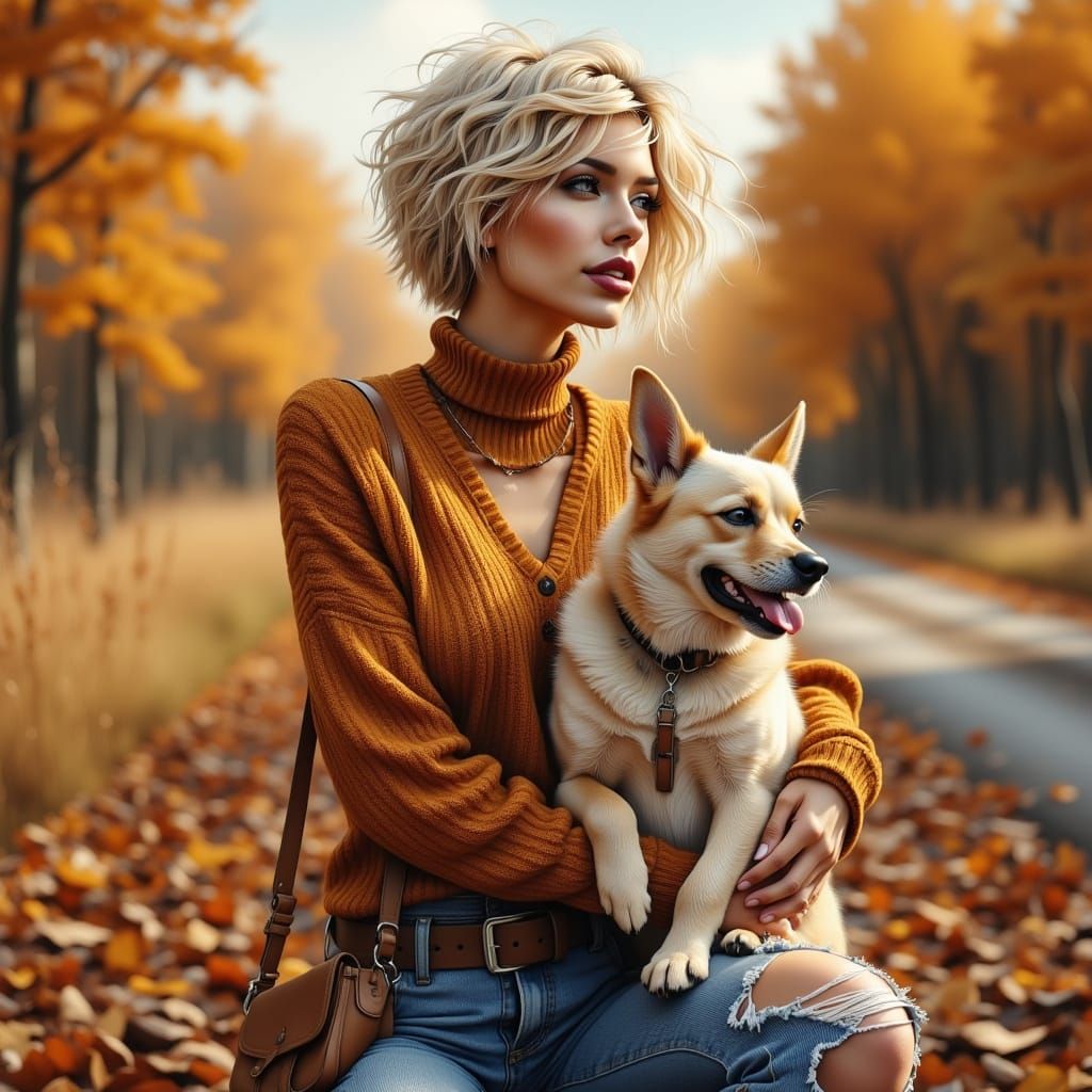 Lady With Bulldog in Autumn Landscape