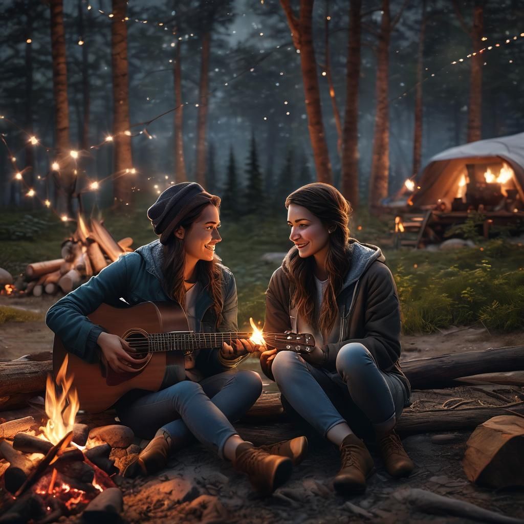 Lesbian Couple Camping Under the Stars: Realistic 8K