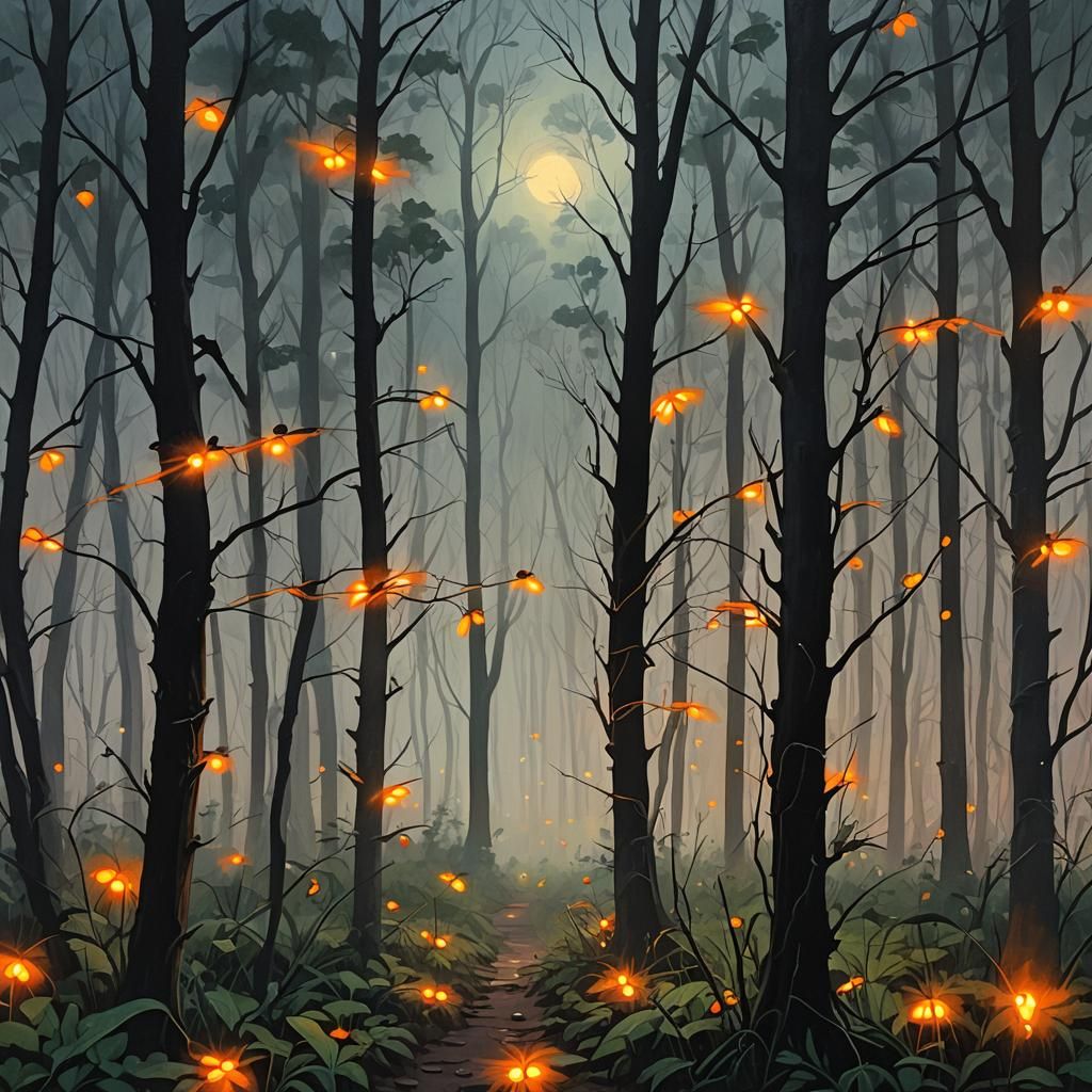 Foggy Woods at Night with Fireflies, Gouache Painting