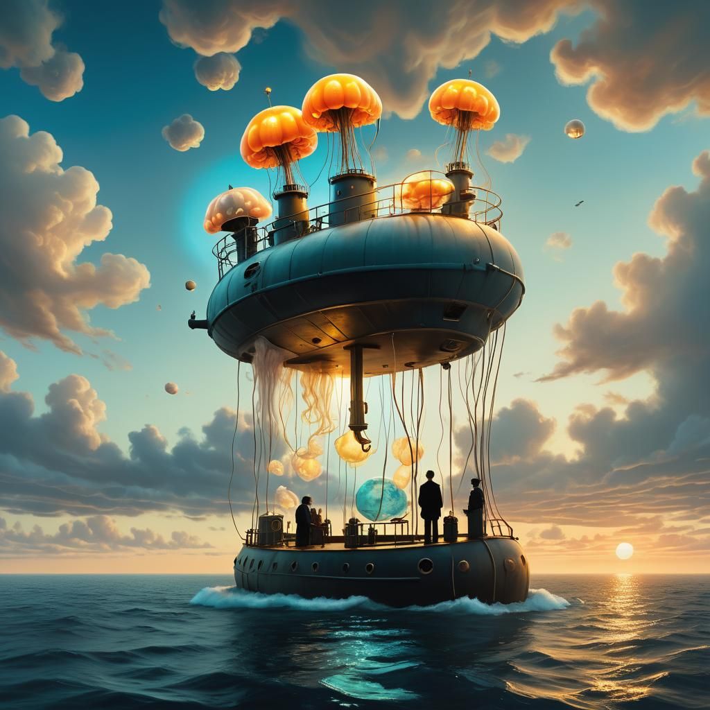 Surreal Seascape with Submarine in Dreamlike Ocean