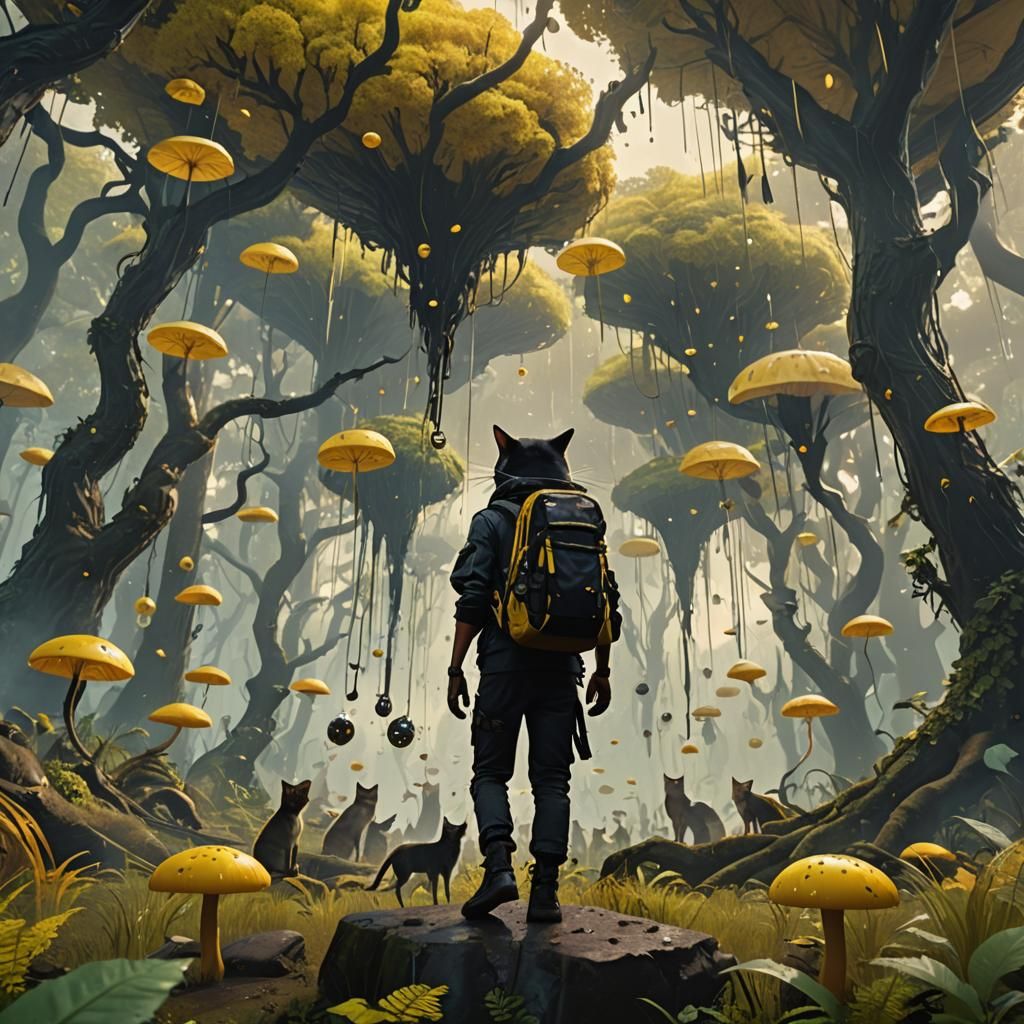 Cat in a Fantasy Forest with Flying Creatures