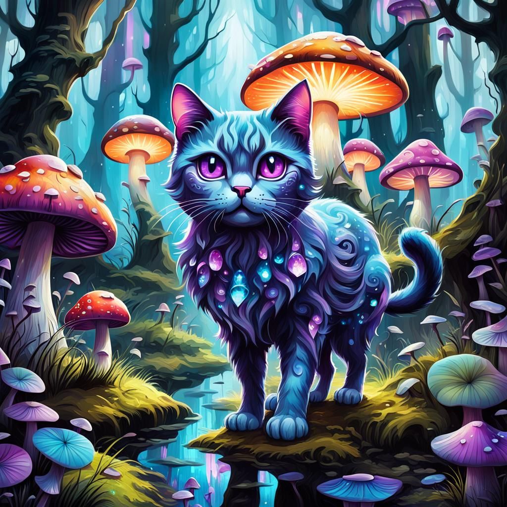 A Crystal Magical cat walking in enchanted forest with mushr...