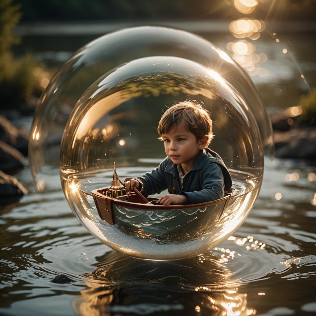 Boy in Boat Inside Glass Ball: Dreamy Film Still
