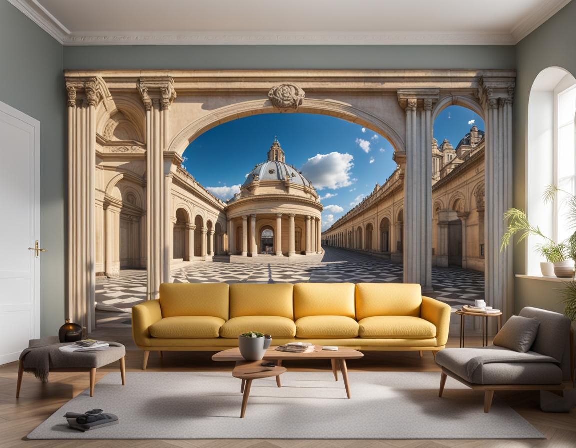 Neoclassical Trompe-l'oeil Optical Illusion in Living Room
