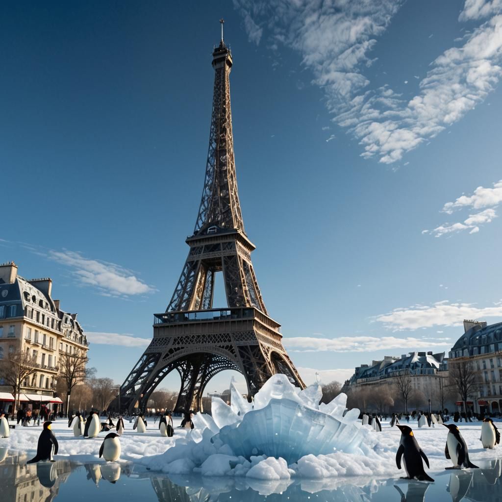 Icy Eiffel Tower with Arctic Animals