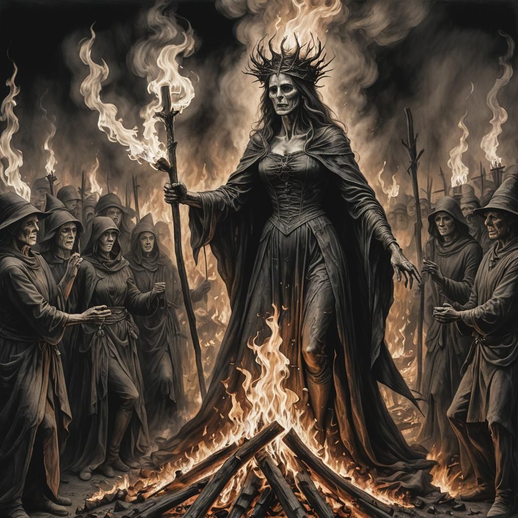 Ethereal Witch Burning: Hyperdetailed Charcoal Drawing