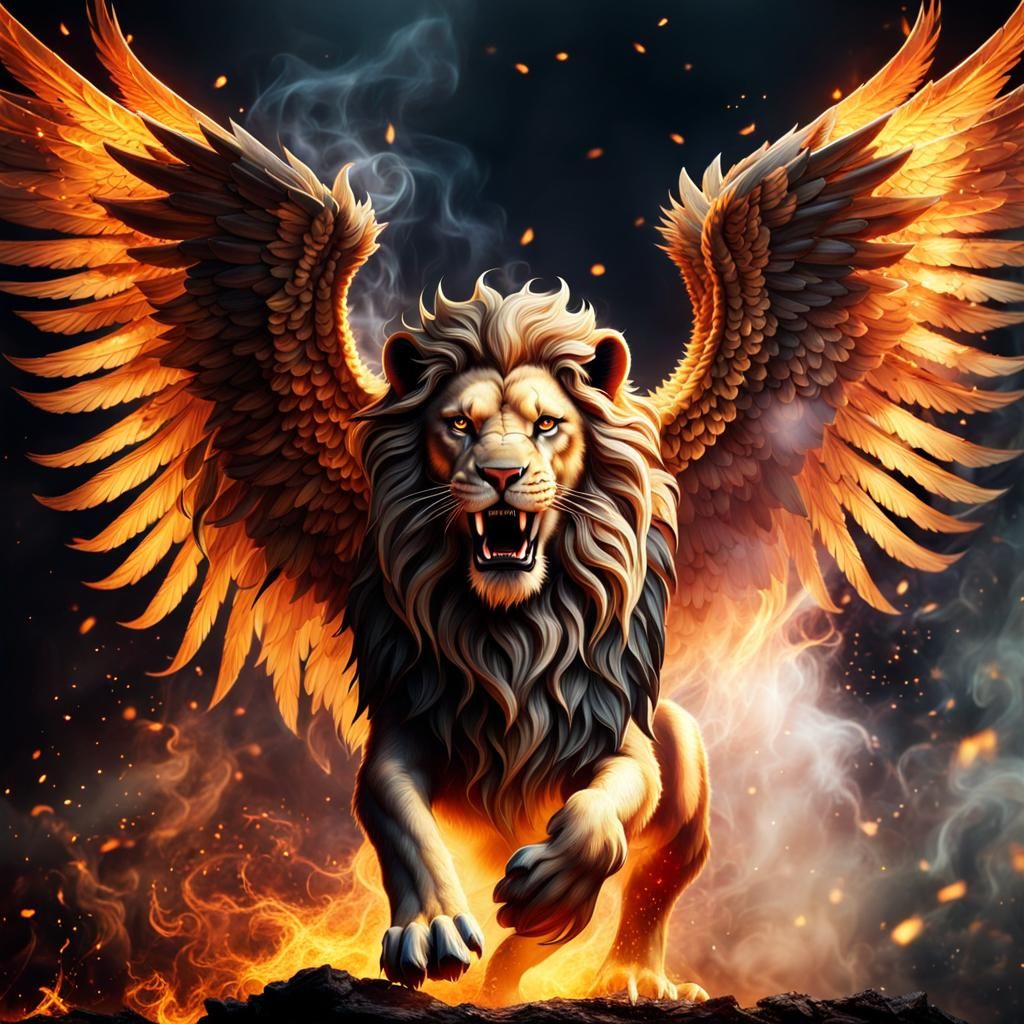 Winged lion in fire