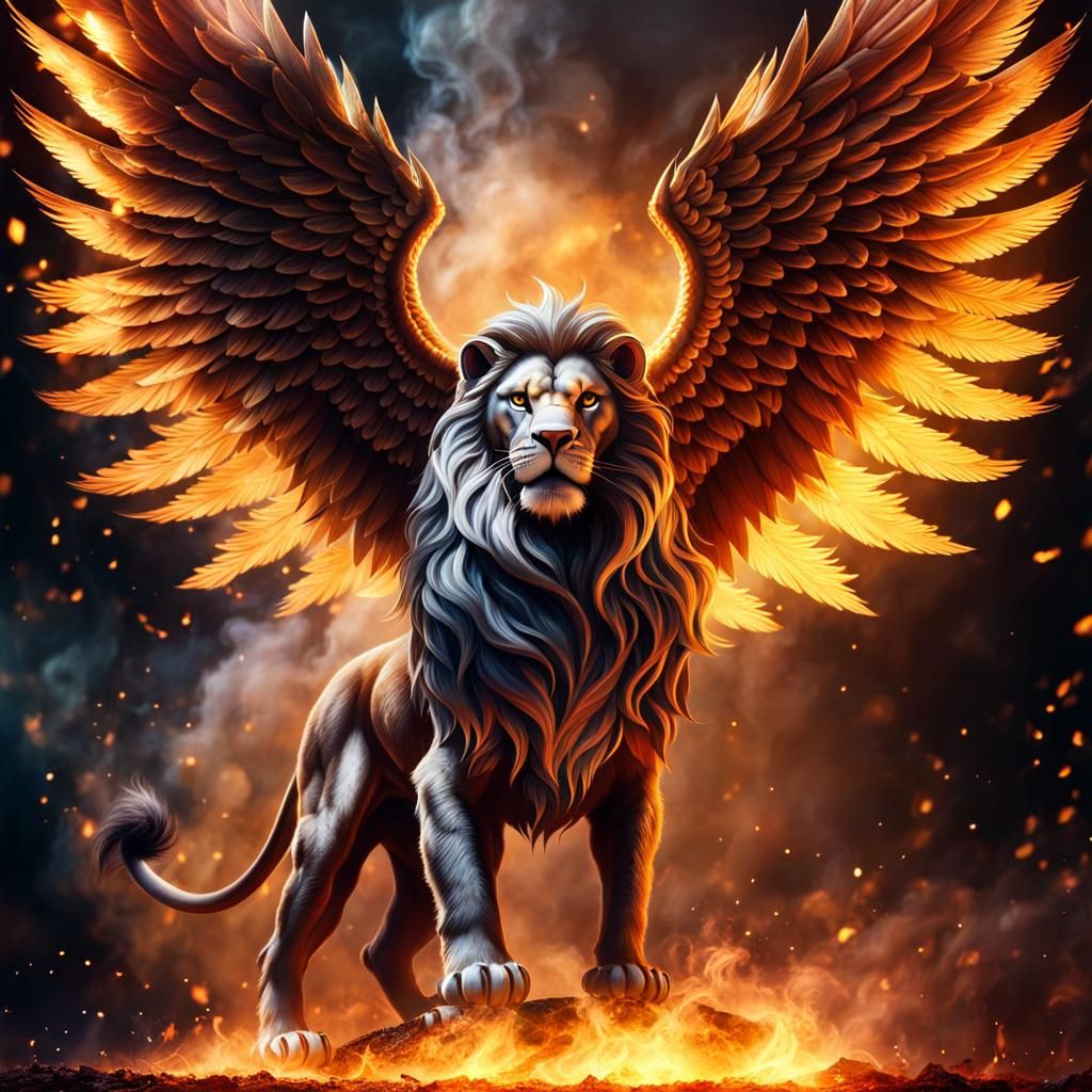 Winged lion in fire