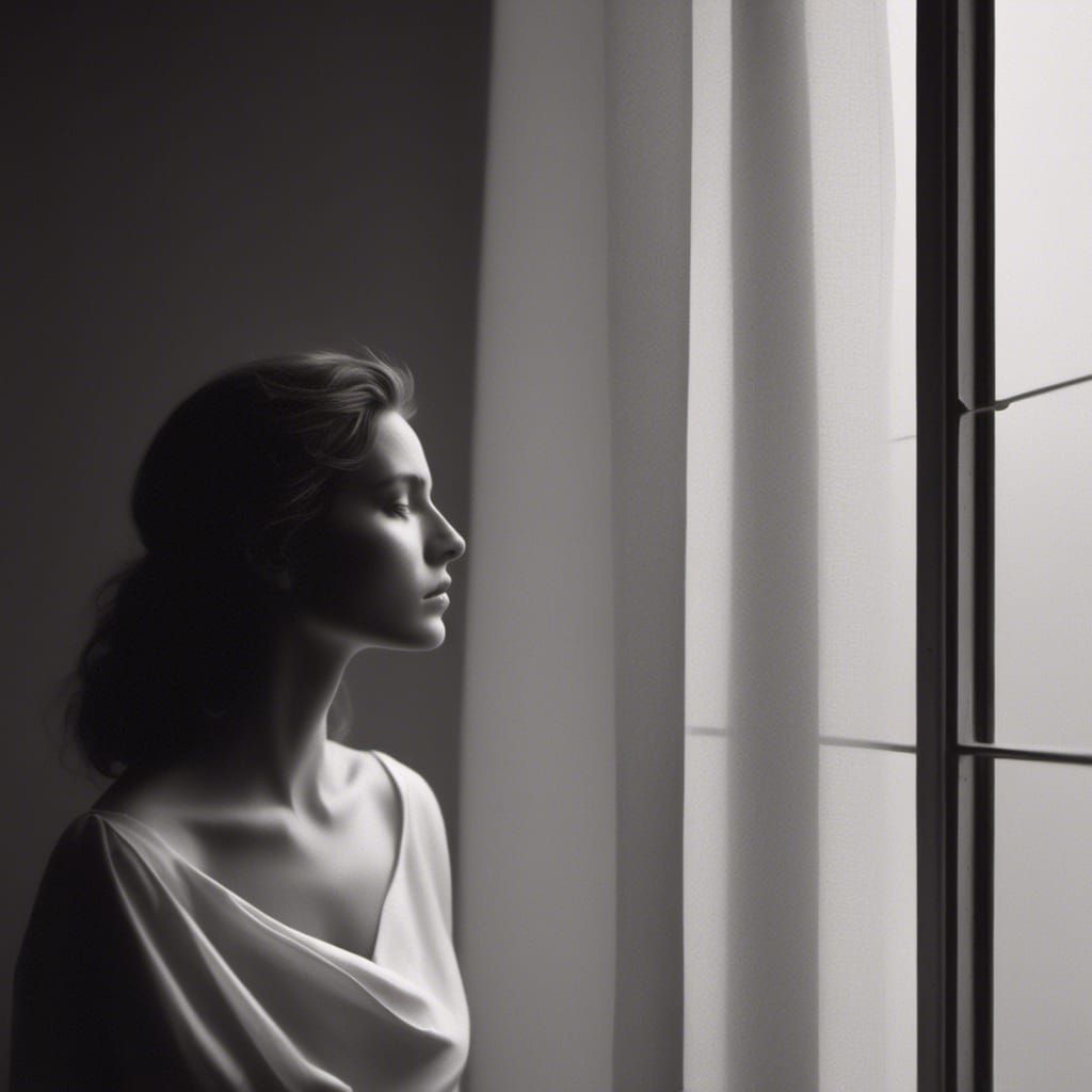Monochrome Woman Looks Out Window in Abstract Style