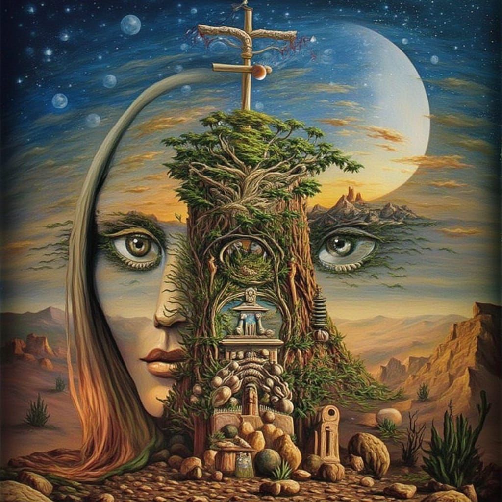 Surreal Melting Clock Tower in Moonlit Desert Landscape