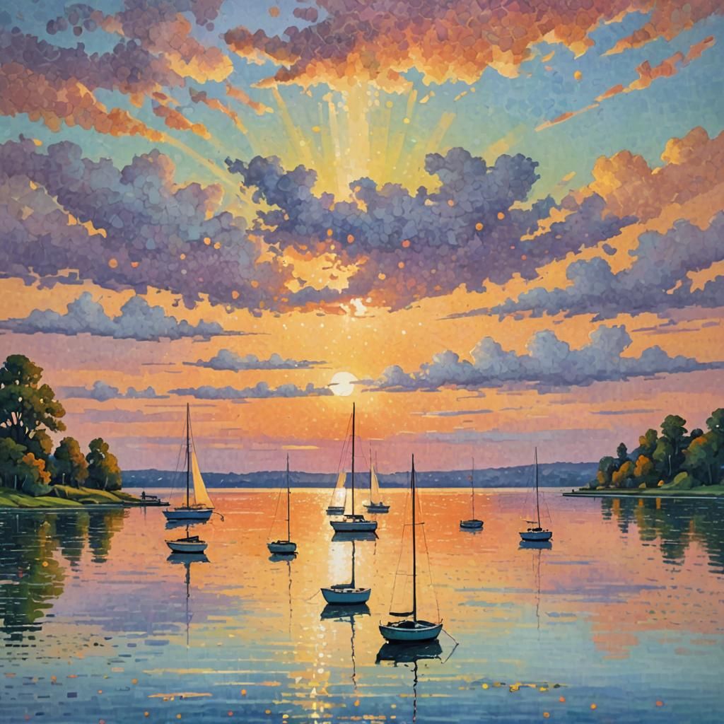 Pointillist Sunset Over Lake with Sailboats