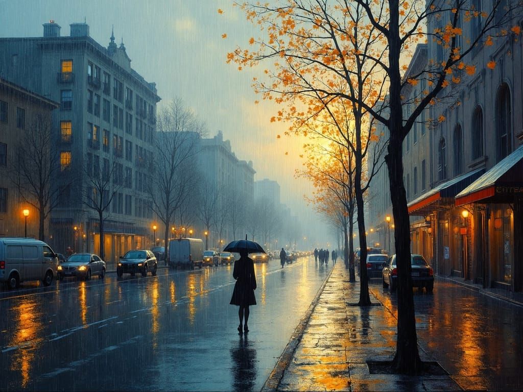 Rainy Day Scene in Impressionist Abstract Style