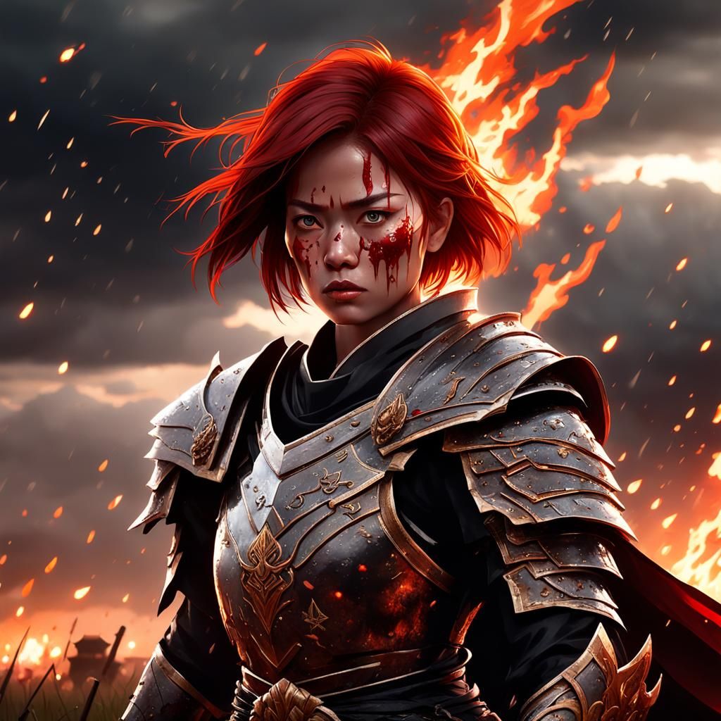 Thai Warrior with Flaming Sword in Fantasy Armor