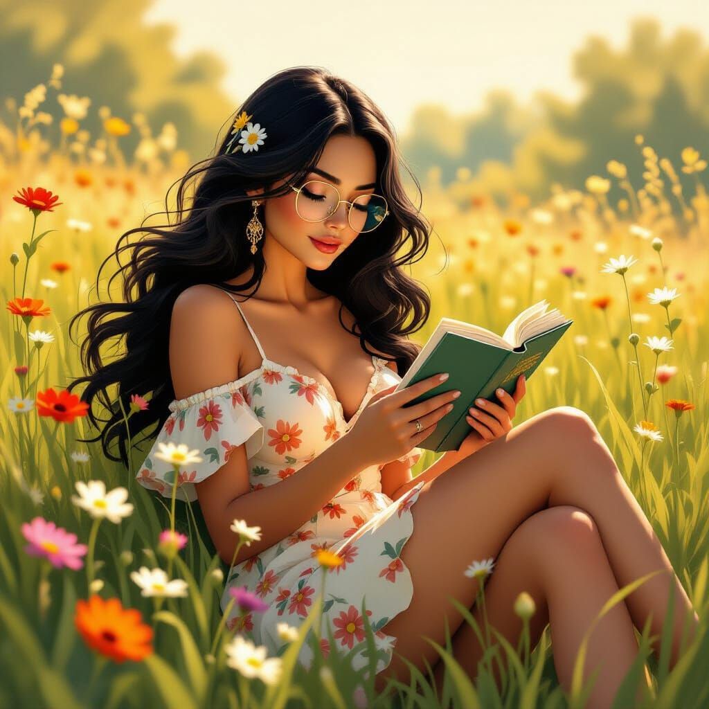 Cat-Woman Reading in a Sunny Meadow, as Art Nouveau Painting
