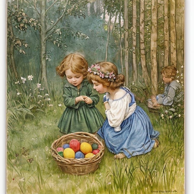 Cute Toddlers Gather Easter Eggs in a Vintage 1800s Scene