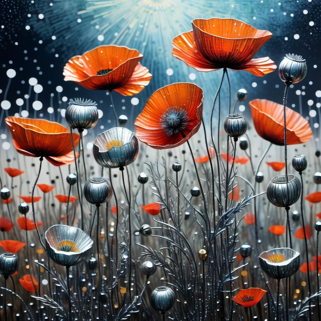 Metallic Poppies Field with Constellation Etchings