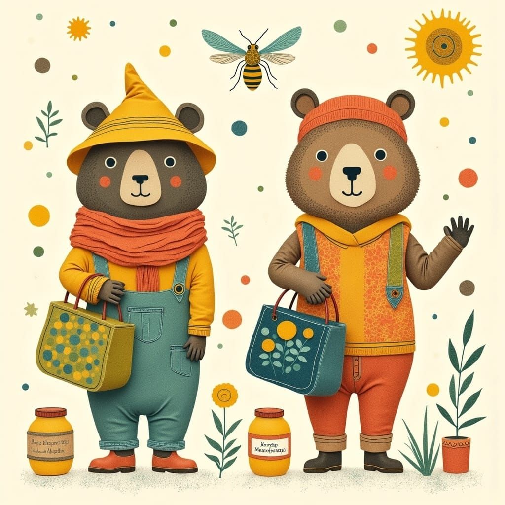 Two happy bears with honey