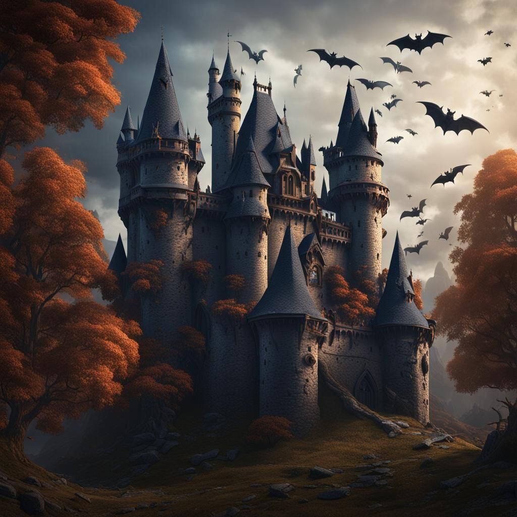 Gothic Castle with Bats: Detailed Matte Painting