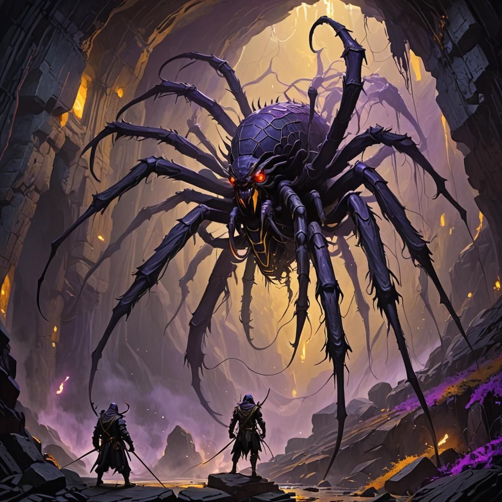 Giant Spider with Scything Talons in Dark Cavern