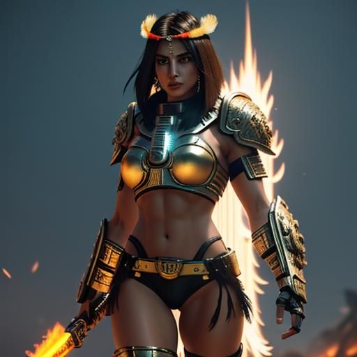 Aztec Warrior Woman with Flaming Sword in Cyberpunk Style