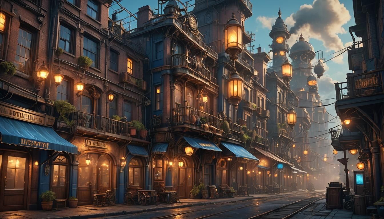 Steampunk City Street at Dusk with Neon Lights