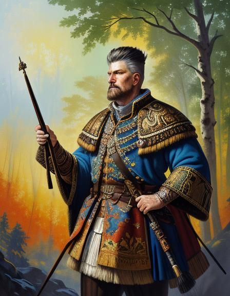 Ancient Prussian Warrior in Misty Forest, Impressionist Goua...