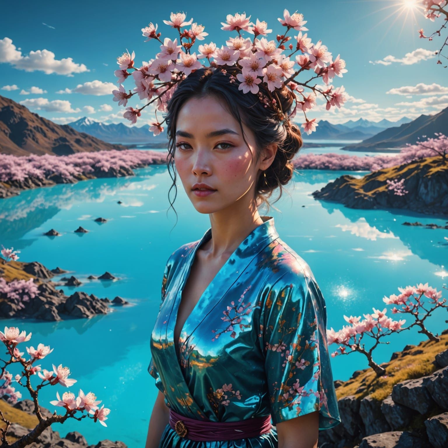 Cherry Blossom Woman Overlooking Lagoon, Digital Illustratio...