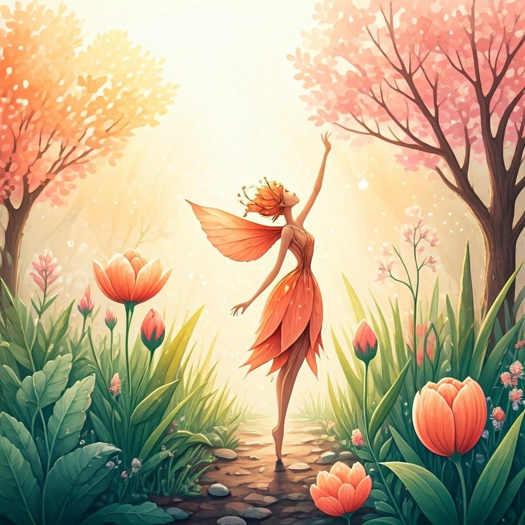 Whimsical Watercolor Spring Garden at Dawn