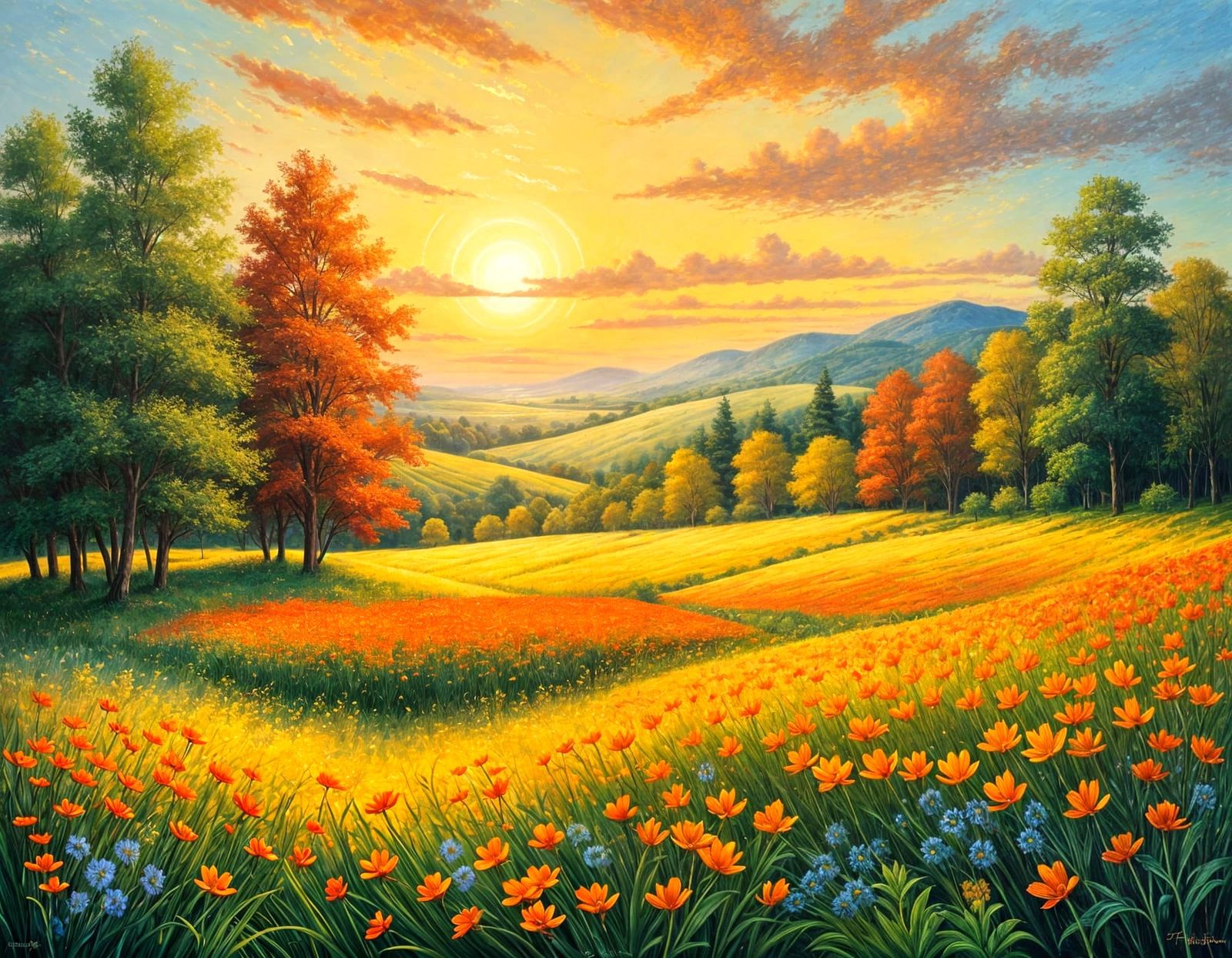 Vibrant Sunrise Landscape in Post-Impressionist Style