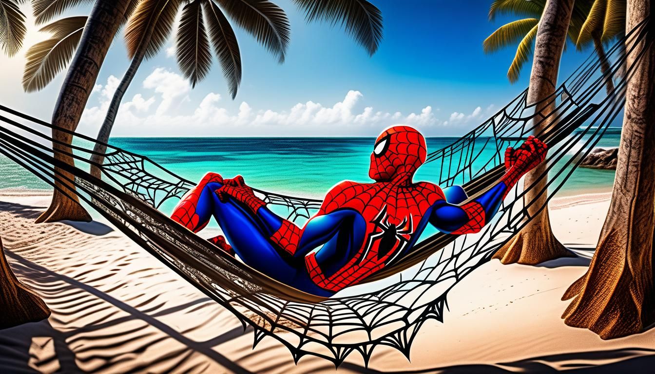 Spiderman on Spider Web Hammock, Hyperrealistic Beach