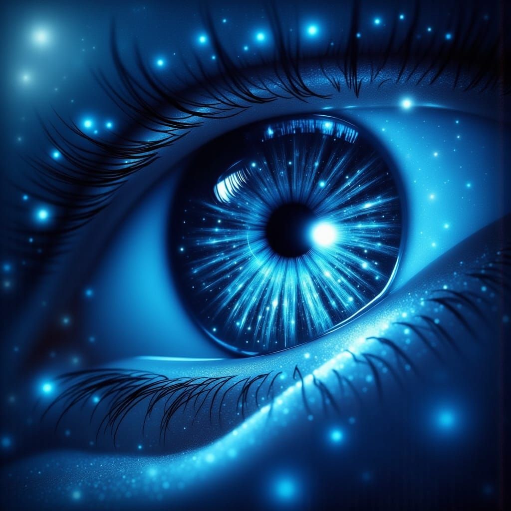 Blue Eye Reflecting Space with Ethereal Lighting
