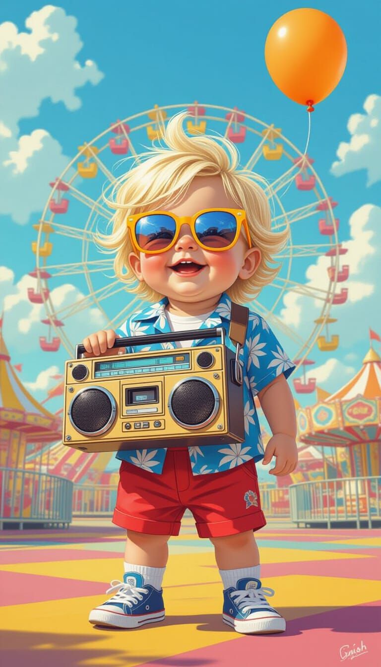 Happy Baby in Amusement Park, Digital Art